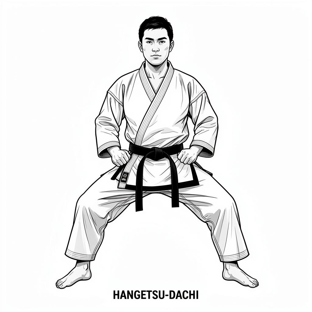 صورة توضيحية لحركة هانغيتسو داتشي (Hangetsu Dachi) في كاراتيه شوتوكان